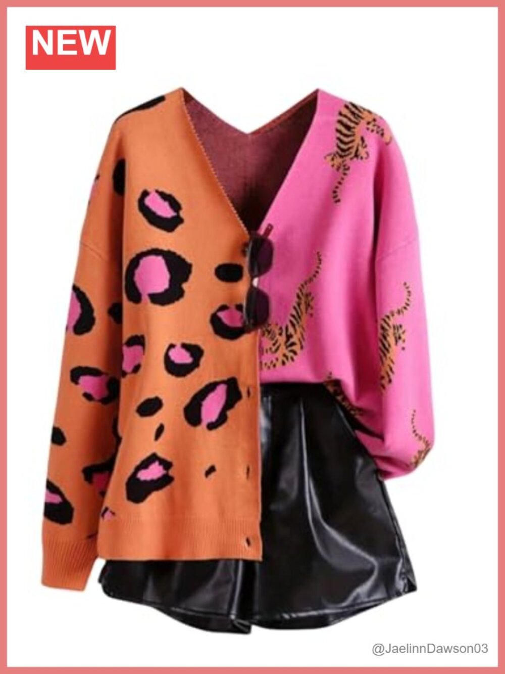 Plus Size Animal Print Button Front Cardigan Sweater Long Sleeve V Neck